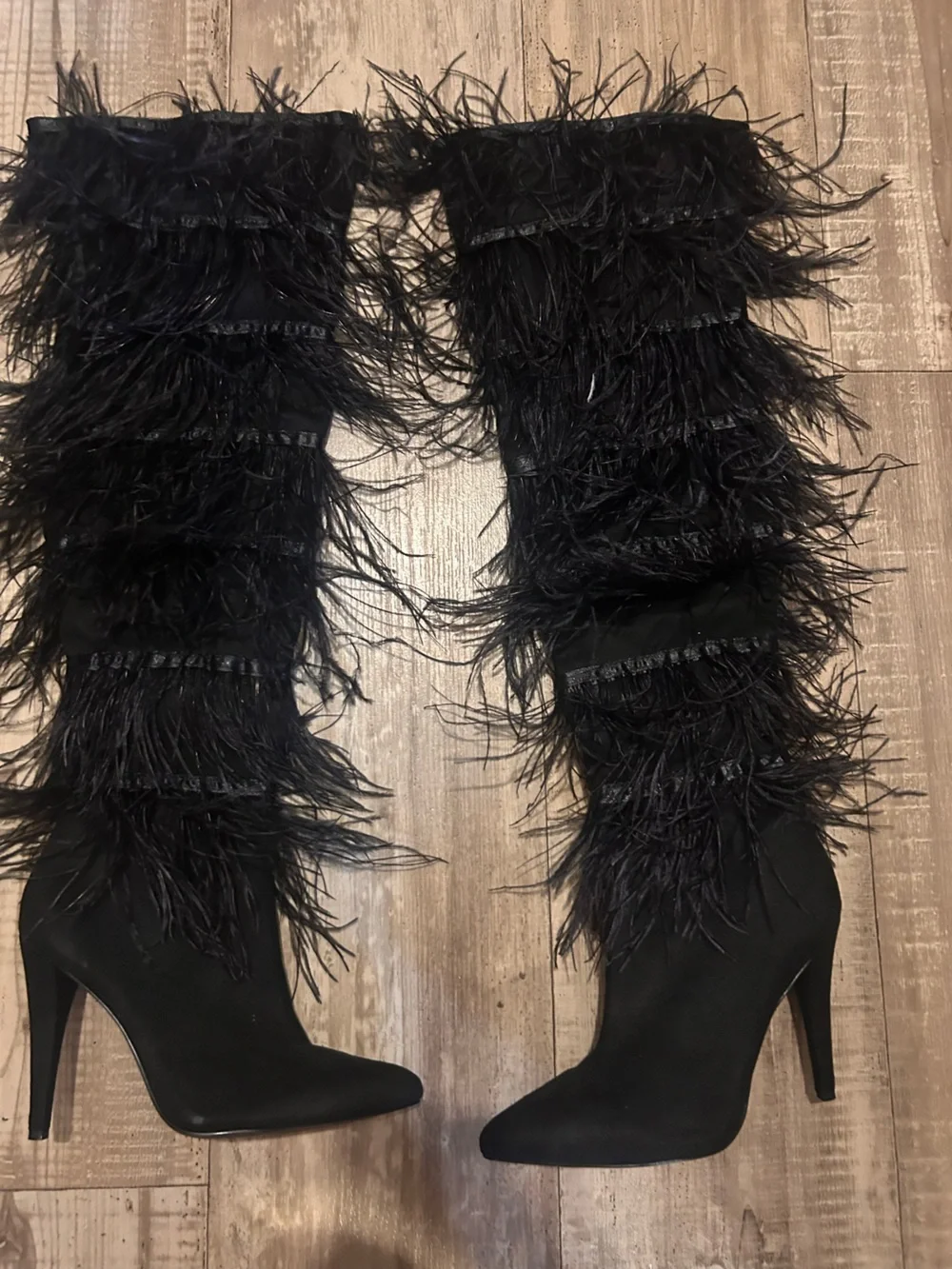 Dollskill Black feathered thigh high boots woman’s sz 7